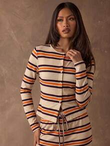 SHEIN BAE Áo thun nữ dài tay cổ tròn kẻ sọc, cài một hàng khuy, kiểu dáng thường ngày. - Màu Khaki - Xem 5