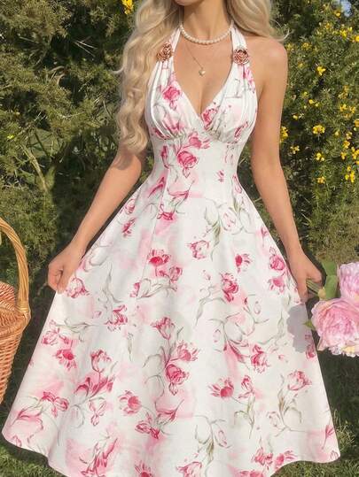 SHEIN MOD Vestido elegante sin mangas de longitud media con decoración de flores metálicas 3D y estampado floral para mujer
