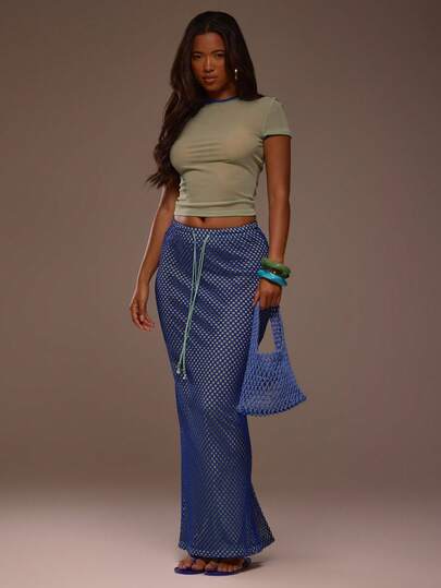 MUSERA Double Layered Mesh Drawstring Beaded Tie Waist Low Rise Bodycon Fitted Maxi Skirt  Summer Spring Sexy Cute Beach Holiday Vacation Ibiza Party Going Out Tropic Heat