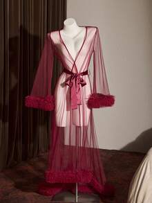 Slumberist Sexy Casual Sheer Mesh Floral Trim Sleeve Design Short Front Long Back Maxi Robe Dress Sleepwear Honeymoon Night Dark Red Summer - Burgundy - View 4