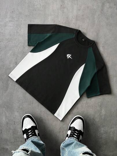 STYNVO Men's Colorblock Round Neck Short Sleeve Loose Cropped T-Shirt, Suitable For Spring/Summer, Casual Versatile, Suitable For Daily Life, Outings, Travel, And Photography