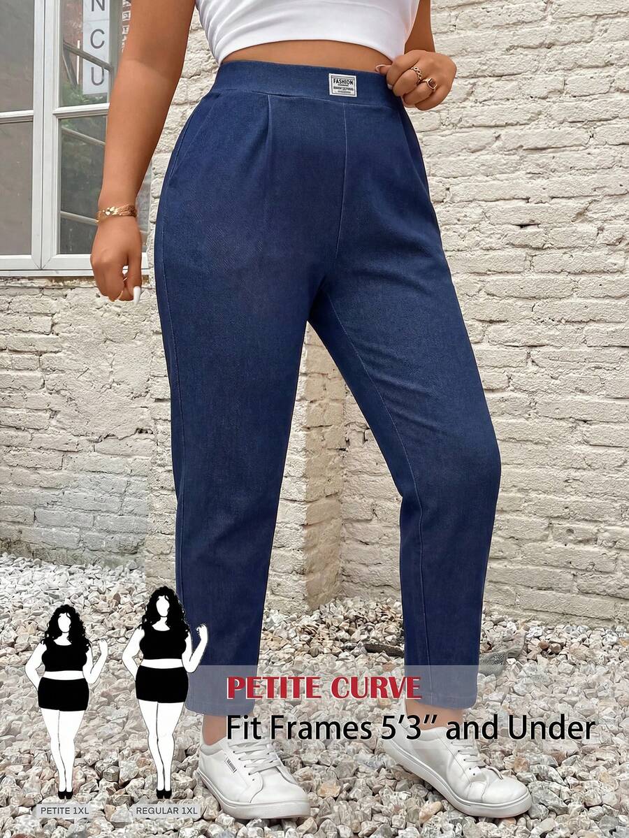 SHEIN PETITE CURVE 大码休闲简约印花口袋裤,适合日常穿着、春季、情人节、毕业典礼、通勤、上学、聚会、休闲和正式场合。 - 藍色 - 查看 1