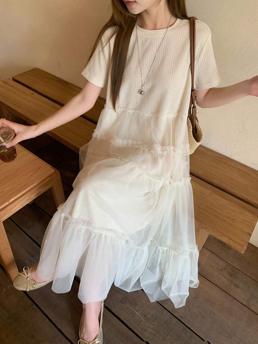 DAZY 女款圓領網紗拼接韓風中長洋裝 夏季 - 咖啡 - 查看 1