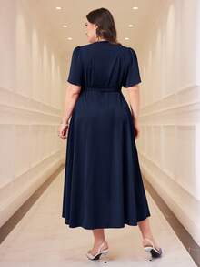 Modelyn Plus Size Women V-Neck Floral Petal Short Sleeve Side Knot Elegant Dress - Navy Blue - View 2