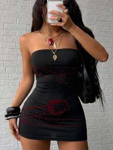 Jeanoix Women's Fashion Rhinestone Sexy Strapless Dress - Black - View 7