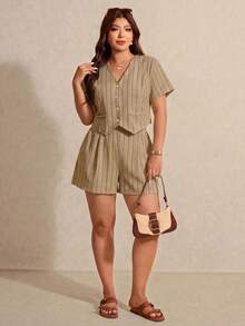 Elaquor Plus Size Casual Striped Shirt And Shorts 2 Pieces Set - Khaki - View 4