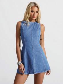 Jeanoix Đầm denim hở lưng đa năng thời trang dành cho nữ - Rửa nhẹ - Xem 3