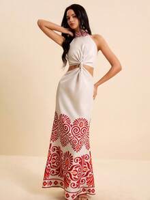 SURIMA Đầm ôm dáng ngắn cho nữ, cổ yếm, sát nách, eo ngắn, họa tiết in màu hồng nhạt và đỏ, phong cách du lịch xuân/hè - Nhiều màu - Xem 5