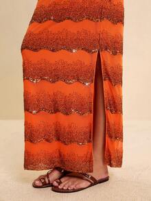 LOTSLUV Saia feminina Resort laranja com textura de miçangas, barra ondulada e corte em A com fenda. - Laranja - Ver 3