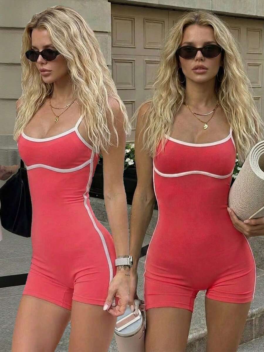Fluxe Women's Summer Fashion Contrast Trim Round Neck Spaghetti Strap Jumpsuit - Coral Red - View 1