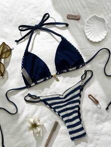Elavelle Bộ bikini hai mảnh buộc cổ bằng vải jacquard dành cho nữ, trang trí kim loại, thích hợp cho mùa xuân/hè. - Nhiều màu - Xem 3
