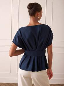 Lilora Women's Elegant Elegent Waist Cinched Shirt,Elgant Office Summer Fashionable Versatile Blouse,Suitable For Commuting,Casual Outings,Dates,Navy Blue - Blue - View 4