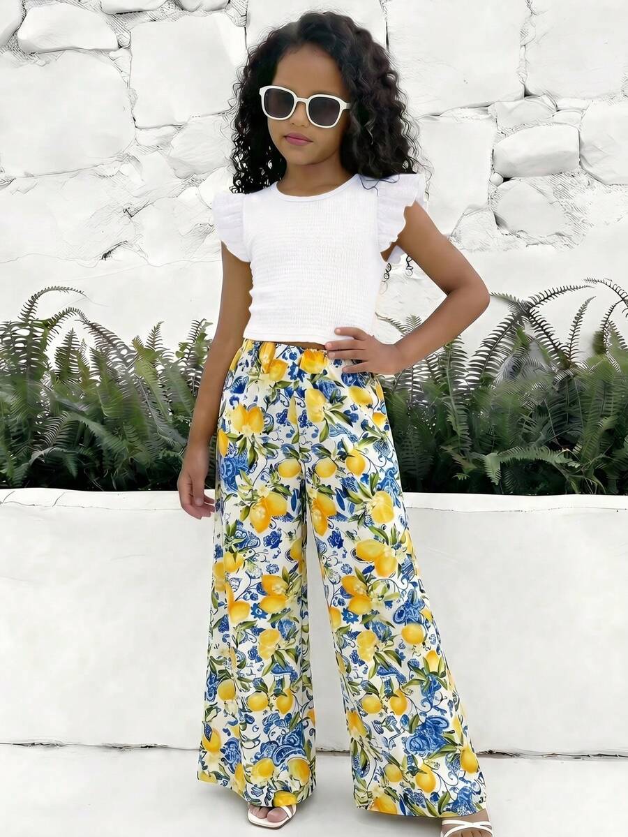 Sparklyn 2pcs/Set Tween GirlsKnitted Textured Round Neck Puff Sleeve Top And Printed Straight Leg Pants Set, Casual Vacation Style, Suitable For Spring/Summer Daily Wear And Vacation - White - View 1