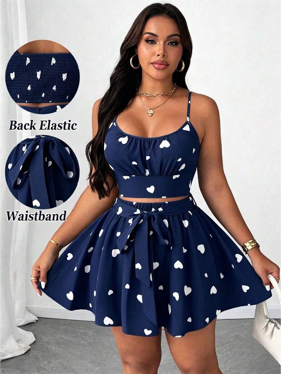 SHEIN Unity Plus Size Women's Elegant Heart Print Camisole Backless Tie Waist Butterfly A-Line Midi Skirt, Suitable For Beach, Party, Music Festival, Spring/Summer, Versatile Two Pieces Set - Blue and White - View 1