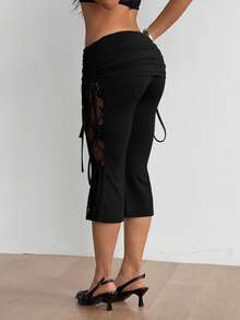 SHEIN ICON Quần lửng nữ màu đen phối ren bên hông, kiểu dáng gợi cảm, có dây rút ở eo, thích hợp cho kỳ nghỉ. - màu đen - Xem 2