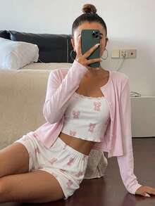 Livesso Bộ 3 món họa tiết gấu dễ thương: áo khoác dài tay, áo hai dây và quần pajama ngắn, đồ ngủ mùa hè cho nữ. - Hồng - Xem 3