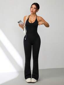 Slayform Women's Seamless Halter Backless Sexy Flare Yoga Jumpsuit - Black - View 2