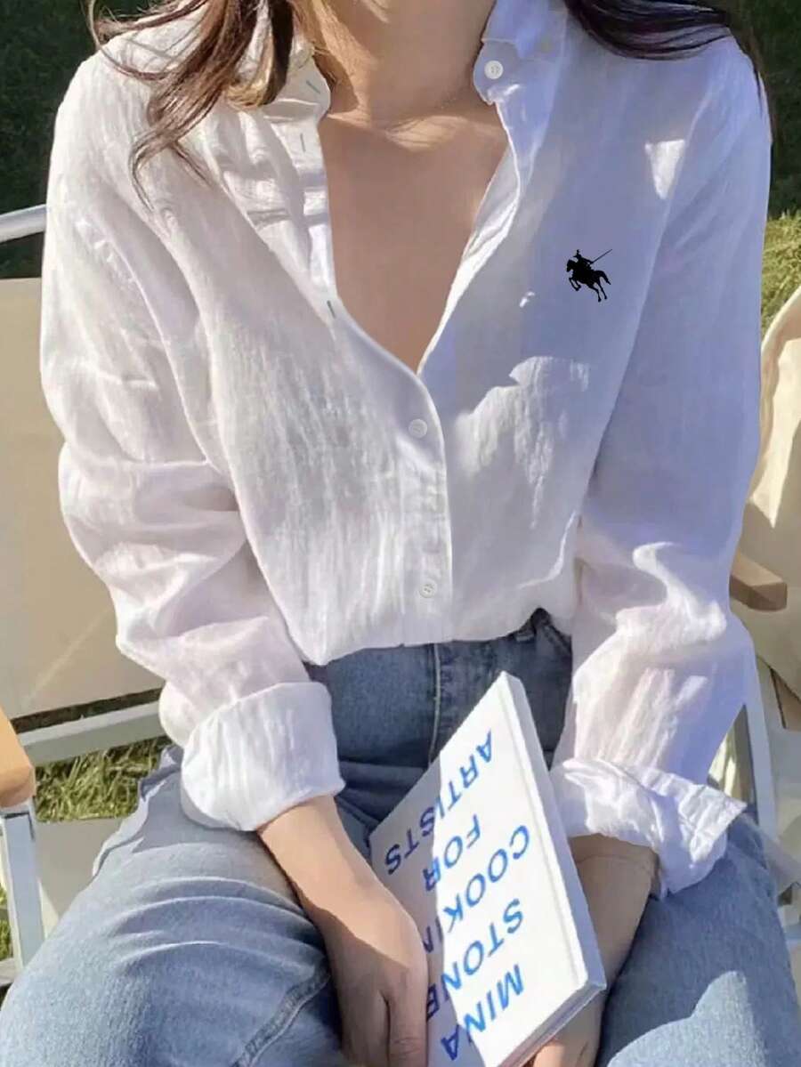 Sundraya Camisa holgada casual de mujer con estampado, de manga larga y hombros caídos, para primavera/verano, blusas de manga larga - Blanco - Ver 1