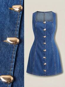 SHEIN MOD Plus Size Women Metal Single-Breasted Sleeveless Casual Denim Dress - Medium Wash - View 1