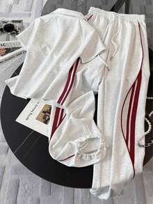 Resyla Fitted Stand Collar Raglan Short Sleeve Top + Casual Long Pants - Light Grey - View 2