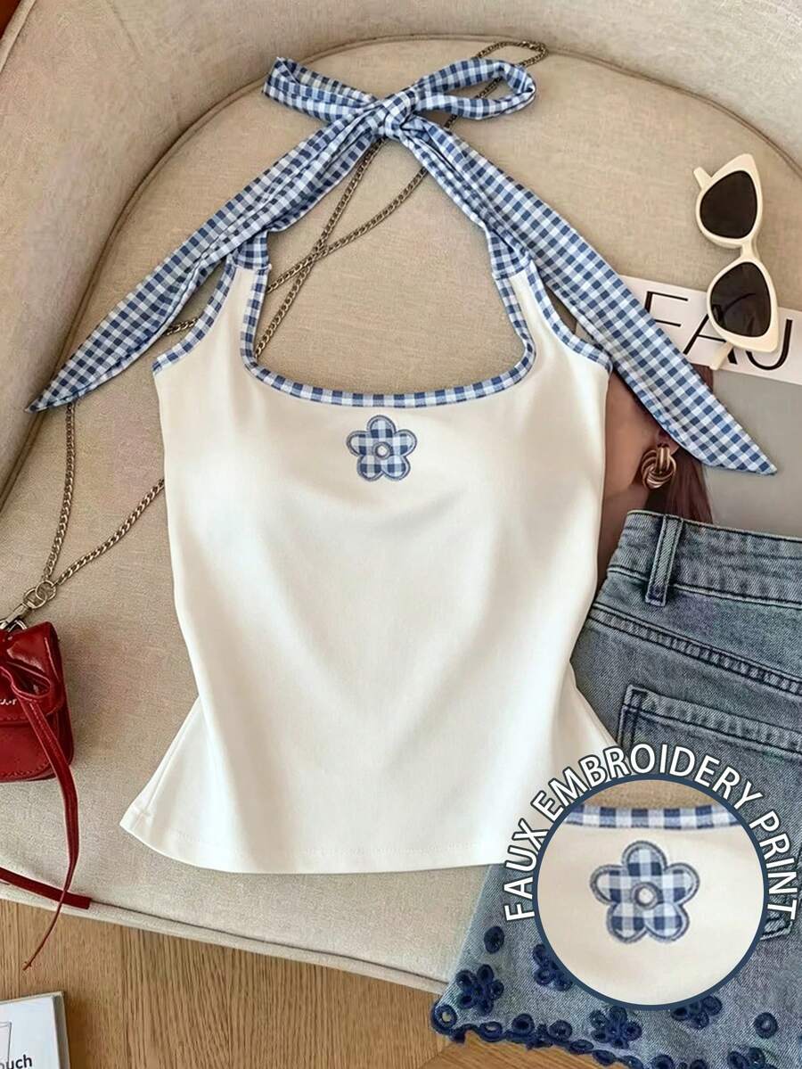Resyla Women's Plaid Floral Embroidered Casual Halter Top - Multicolor - View 1