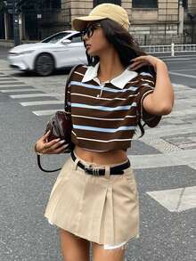 Coolane 女士春季街头风外出返校大学生穿搭学院风复古返校节Y2K日常休闲老钱风弹力舒适酒红色蓝条纹短款POLO衫 - 彩色 - 查看 5