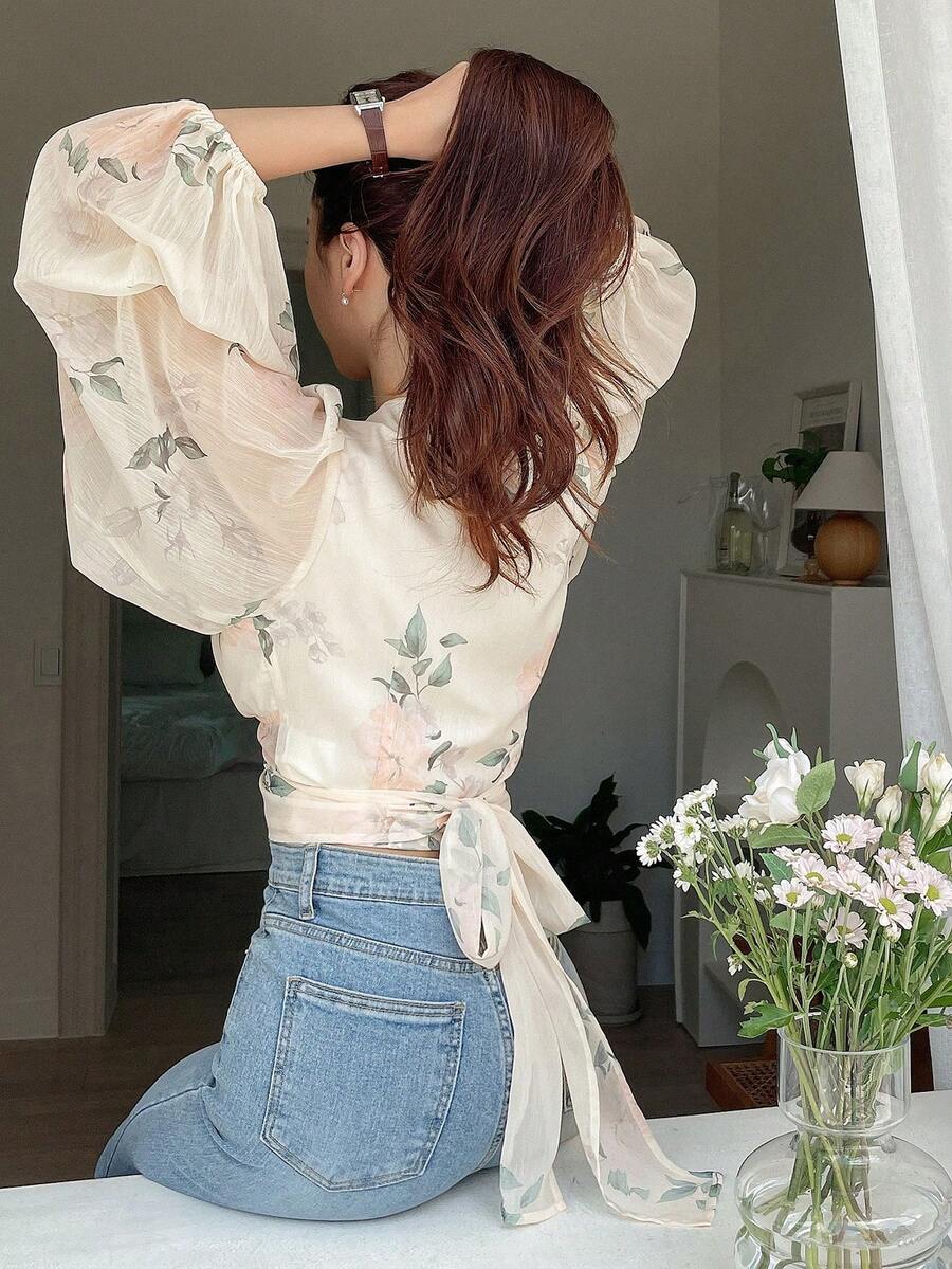 DAZY Floral Print Tie Back Lantern Sleeve Blouse,Long Sleeve Tops,Ruffle,Fall Women Clothes Vacation Outfits Women Easter Boho - Beige - View 1