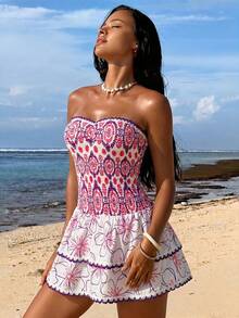 Swim Vcay Vestido tomara que caia com estampa boêmia, design delicado e elegante, cintura marcada e barra com babados. - Roxa - Ver 4