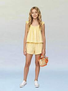 Casuvi Kids Bộ đồ 2 món màu vàng bơ tươi tắn cho bé gái tuổi teen: áo vest và quần short tay ngắn cổ vuông chất liệu jacquard, trang phục thường ngày ngọt ngào và đa năng. - Màu vàng - Xem 1