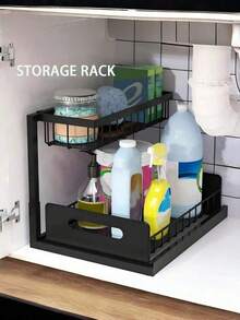 Estante deslizante de almacenamiento debajo del fregadero de doble capa, estante organizador multifuncional debajo del fregadero adecuado para cocina y baño, diseño expandible y ahorro de espacio, fácil de limpiar, aplicable a baño/cocina/lavandería, hogar ordenado, color: negro - Multicolor - Ver 4