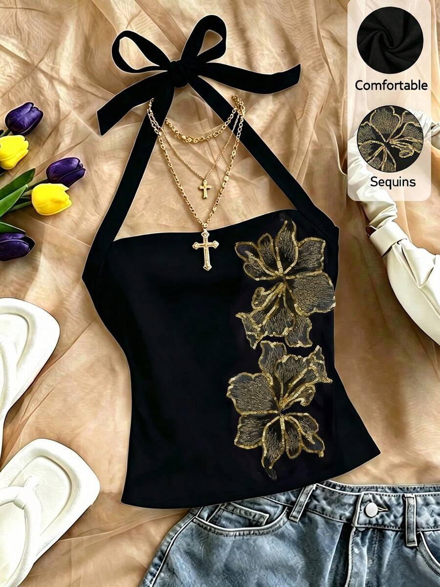 Franclia Women's New 3D Floral Decor Spaghetti Strap Tie Back Fitted Camisole - Black and Gold - View 1
