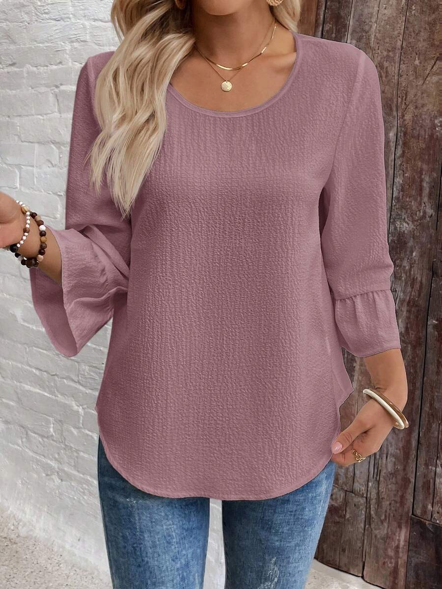 EMERY ROSE Blusa de mujer de unicolor con cuello redondo y textura para vacaciones - Rosa vieja - Ver 1