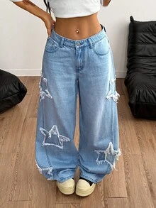 Coolane Quần jeans ống rộng nữ có túi, cài nút, kiểu dáng thường ngày, đa năng, thích hợp mặc hàng ngày. - Rửa trung bình - Xem 3