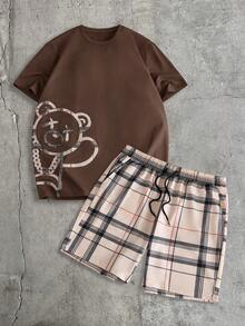 AXEPEAK Men's Casual Bear Print T-Shirt And Plaid Shorts Set - Coffee Brown - View 5