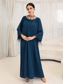 Yasmyna Damen Einfarbiges Lässiges Luftiges Arabischer Stil Party Kleid - Taubenblau - Übersicht 2