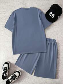 2pcs/Set Teen Boys' Dark Style Short Sleeve Set,Fashionable Minimalist Printed Hand-Drawn Graphic Design,Summer Streetwear Baby Blue Daily Casual Wear - Grey - View 2