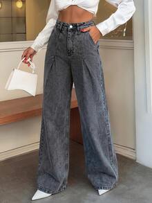SHEIN Cottnline 100% Cotton HIGH WAIST WIDE LEG VINTAGE  JEAN - Dark Grey - View 6