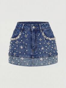 SHEIN MOD 大尺碼女款珍珠裝飾口袋時尚優雅牛仔迷你裙 約會之夜 海軍藍 夏季 - 藍色 - 查看 1