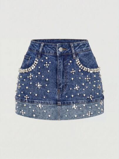 SHEIN MOD Váy ngắn denim thời trang có túi đính ngọc trai dành cho nữ cỡ lớn