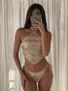Costavie Bộ đồ bơi 3 mảnh Bonvoyette, với chất liệu vải đính sequin, áo hai dây không vai, áo quây và quần buộc dây bên hông, bộ đồ bơi 3 mảnh gợi cảm dành cho nữ, lý tưởng cho kỳ nghỉ xuân/hè. - Vàng - Xem 1