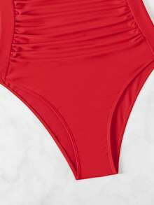 Swim Lushoire 女士纯色露背挂脖连体泳衣，适合海滩度假 - 紅色 - 查看 7
