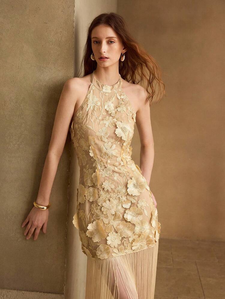 ELEGANT LUXURY PARTY MESH EMBROIDERED HALTER FITTED TASSEL PATCHWORK DESIGN DRESS, CHAMPAGNE GOLD, SPRING/SUMMER