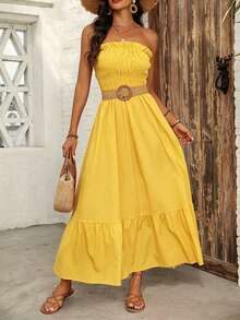 EMERY ROSE Vestido largo de mujer casual sin tirantes para verano y vacaciones con decoración de volantes sencillos - amarillo ganso - Ver 3