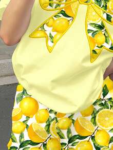 Tween Girl Sweet Retro Cream Lemon Tree Bow Print Pattern Vacation Countryside Style Short Sleeve T-Shirt And Shorts 2-Piece Set, Suitable For Summer - Multicolor - View 6