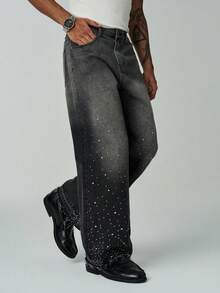 ÉpureWay Quần ống rộng dáng suông phong cách đường phố Mỹ dành cho nam, chất liệu denim bạc màu, đính đá lấp lánh, món quà Giáng sinh hoàn hảo cho bạn trai và chồng. Quần jeans nam màu xám dáng rộng đính đá. - màu đen - Xem 4
