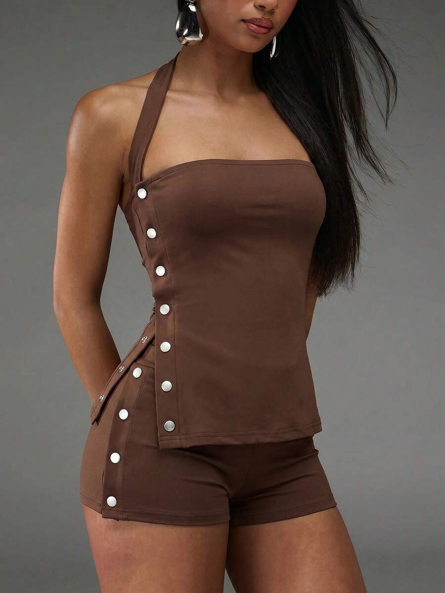 Normani Summer Festival Party Beach Graduation Elegant Vacation Country Y2k Beach Women's Solid Color Side Button Halter Top And Shorts 2 Pieces Set