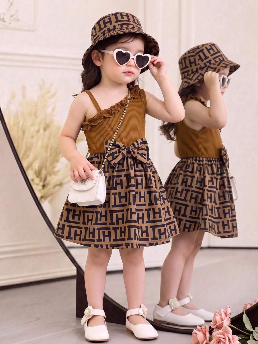 SHEIN Váy thêu kẻ sọc Houndstooth thanh lịch có mũ cho bé gái, Xuân/Hè - màu nâu - Xem 1