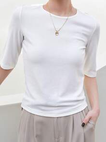 Dazy-Less Solid Round Neck Tee Old Money Style Preppy Tops Business Casual Woman Work Clothes - White - View 3