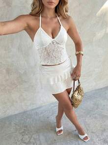 SHEIN Glamour Conjunto de duas peças com top de renda branca sexy e minissaia, conjunto elegante de alta qualidade, roupa para festivais de música de verão, estilo urbano, roupa para shows, roupa para balada, conjunto para encontros, conjunto de aniversário feminino, essencial para festas, conjunto básico, conjunto para sair, conjunto casual de tricô, conjunto brilhante, roupa para viagens e férias de verão na praia, conjunto de renda de algodão - Branco - Ver 4
