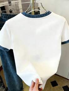 Resyla 大尺碼女款 NYC 字母 NEW YORK CITY 印花白色 T-Shirt，拼接牛仔效果休閒夏季上衣，藍白配色，校園開學時尚禮物 - 白色 - 查看 2